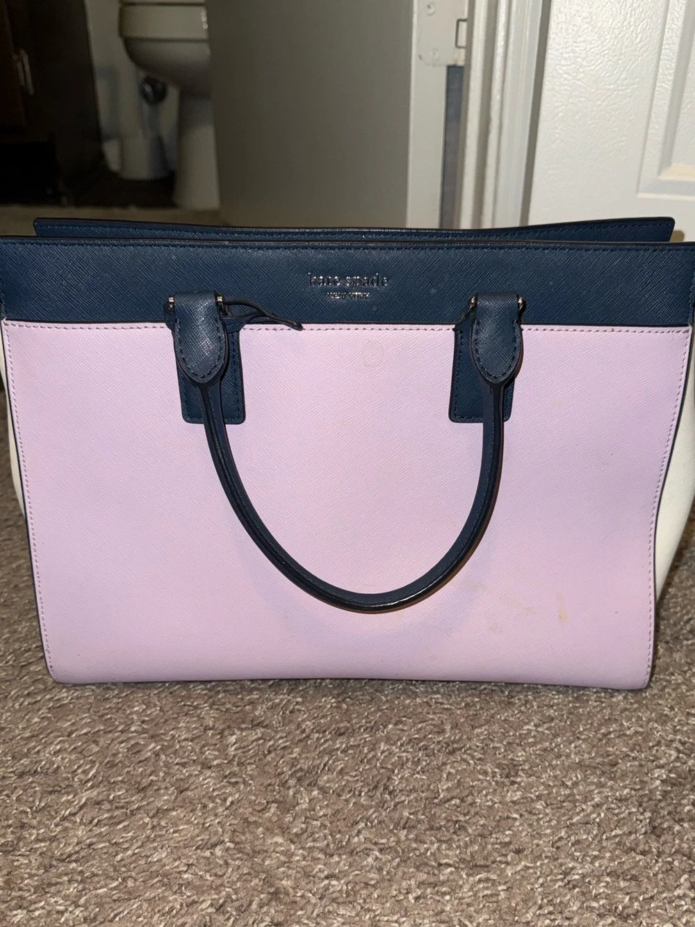 kate spade Navy Top-Zip Saffiano Tote with Heart-Print Lining